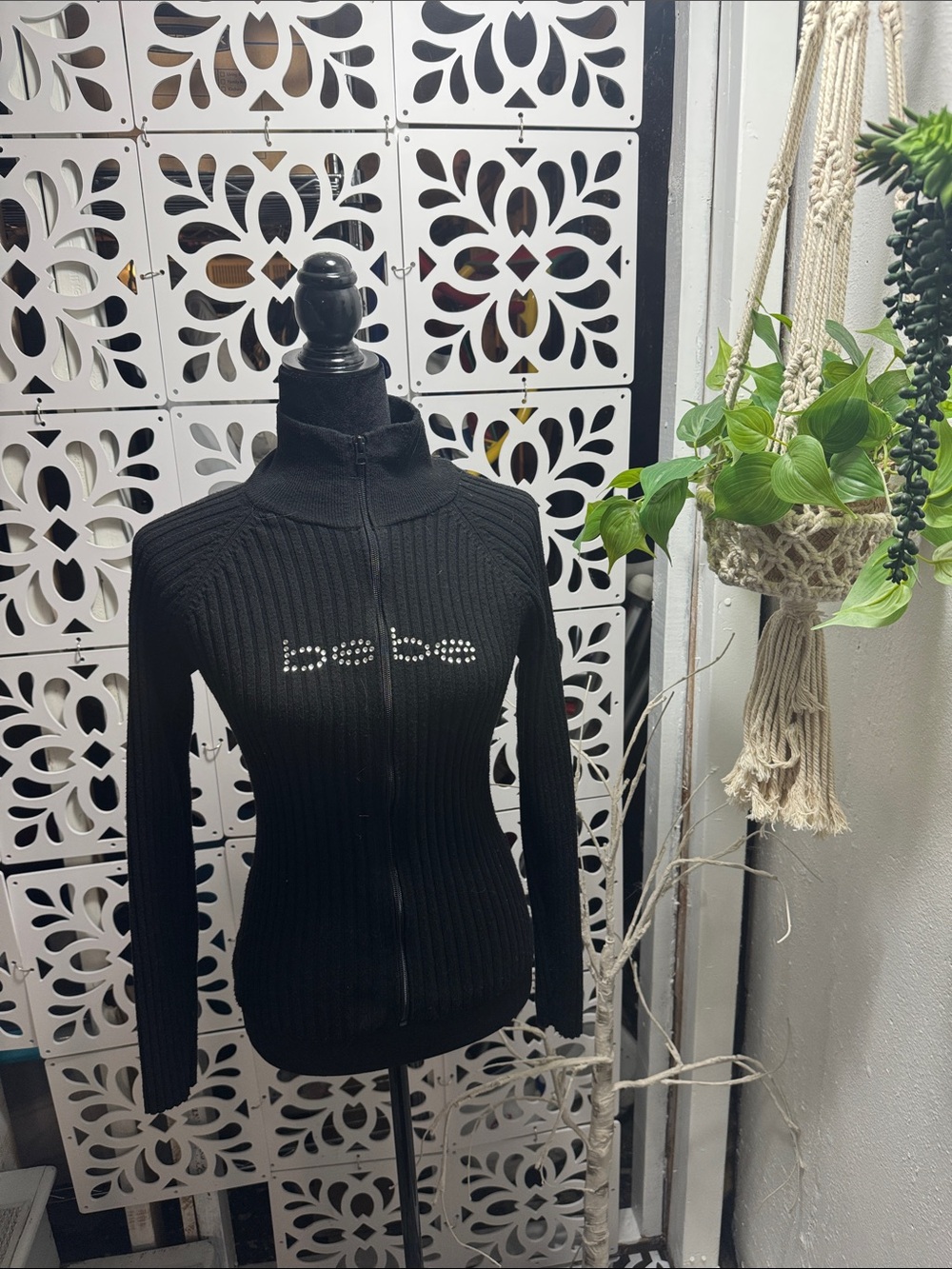 bebe Black Ribbed Zip-Up Logo Sweater